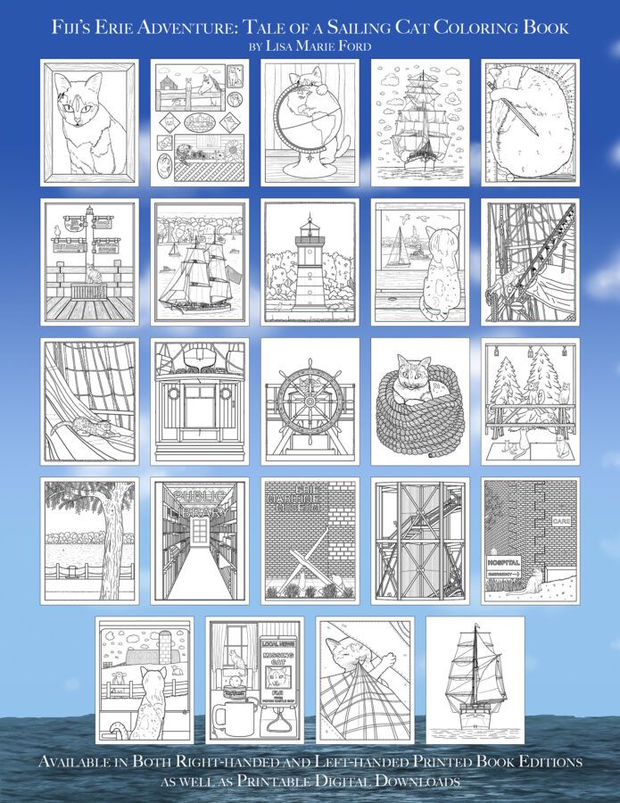 Thumbnail preview images of all coloring pages of Fiji's Erie Adventure Tale of a Sailing Cat Coloring Book by Lisa Marie Ford; cats, ships, lighthouse, and more. 