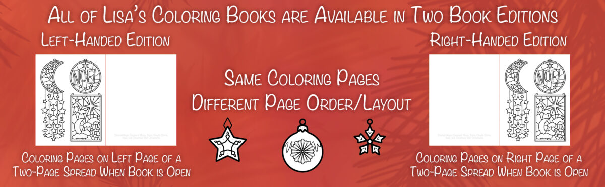 Preview of differences between left-handed and right-handed editions of 'Tis the Season A Christmas Ornaments Coloring Book by Lisa Marie Ford.